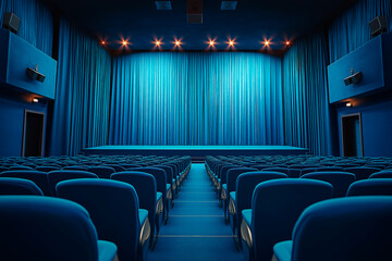 Fototapeta premium Empty blue theater hall with rows of seats and stage with closed curtains. Ai generative.