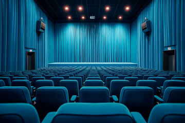 Fototapeta premium Empty theater with rows of blue seats facing a stage with closed blue curtains.