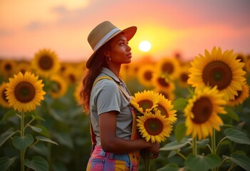 Woman in Sunflower Field at Sunset Holding Fresh Sunflowers