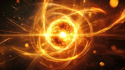 Nuclear fusion process in action, with bright beams of radioactivity and energy streams converging at the core.