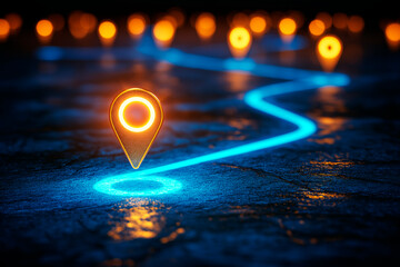 Glowing map markers with a neon path on a dark surface at night.