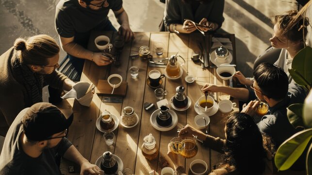 People enjoy an engaging conversation over cups of tea and coffee at a cozy, sunlit café table, focusing on shared stories and moments.