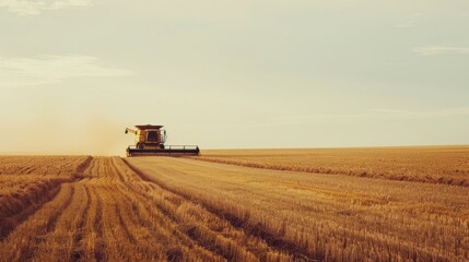 Fototapeta premium A combine harvester working through a vast golden field under a clear sky, symbolizing agricultural abundance and labor.