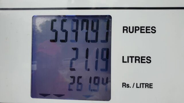 Real time footage of a gas meter displaying price per litre as well as filling up petrol in a car. 