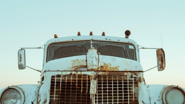 The front end of an old, rusted truck, its worn-out charm highlighted under a pale sky, evoking nostalgia and stories of the past.