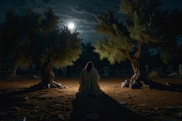Jesus Christ Praying in the Garden of Gethsemane, Artistic Style Depiction with Spiritual Atmosphere and Detailed Imagery new beautiful stock image illustration AI