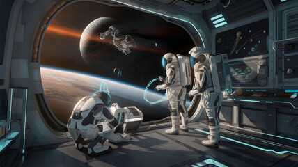 A futuristic spacecraft orbiting a distant planet, with astronauts in high-tech suits and robotic assistants conducting experiments outside. 