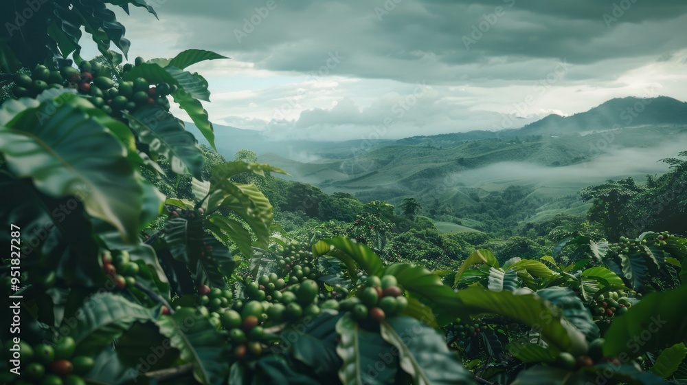 Poster a lush green forest with a cloudy sky in the background