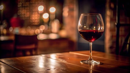 glass of red wine on a restaurant table with dark romantic light