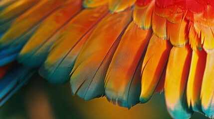 Close-up of vibrant bird feathers displaying a stunning gradient of reds, oranges, and blues in rich detail.