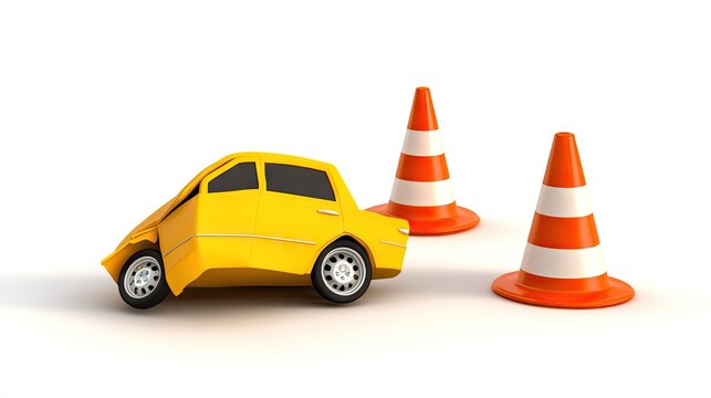 3D rendering of a vibrant yellow car crash surrounded by safety cones on a bright white background, illustrating a cautionary traffic incident