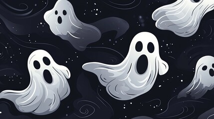 Playful yet eerie ghost illustrations with expressive faces, drifting across a dark, almost midnight-colored background, embodying the spooky essence of Halloween nights.