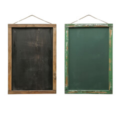Empty green chalkboard texture hang on the white wall. double frame from greenboard isolated on transparent or white background
