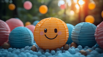 Funny faces smiling emoji with confetti on blue background, symbol World Smile Day top view