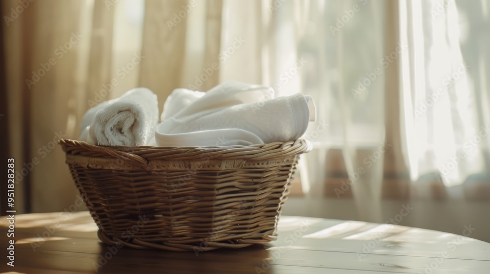 Sticker A wicker basket filled with neatly folded white towels sits on a wooden surface, bathed in warm, natural sunlight filtering through sheer curtains.