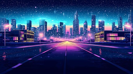 Fototapeta premium Vibrant city skyline at night with colorful neon lights and starry sky.