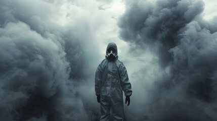 Naklejka premium A lone figure in a protective suit and gas mask stands amidst billowing clouds of smoke, evoking a sense of isolation and caution.
