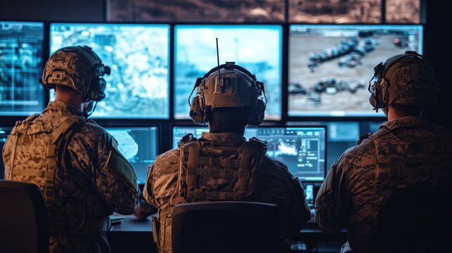 Soldiers in a command center watch multiple screens, coordinating efforts and responding to real-time developments in a military operation.