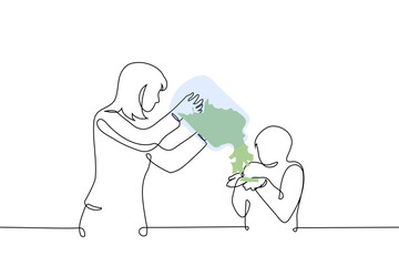 mother pours paper money from a large jar into her son's hands - one line art vector. metaphor investing in children, spoiling children, offspring of wealthy families