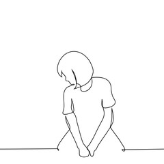 woman sitting very sad with head down - one line art vector. concept sadness, sorrow, apathy