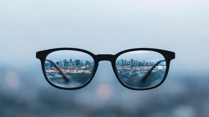 A close-up view of glasses reflecting a vibrant city skyline, representing clarity and ambition in the urban landscape of modern business