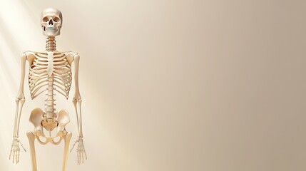A lifelike skeleton model stands illuminated by sunlight in a light beige setting, inviting creativity in available empty space above