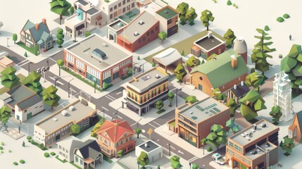 Fototapeta premium A charming small town depicted in an isometric illustration, showcasing various buildings, roads, and lush greenery, creating a vibrant, communal atmosphere.