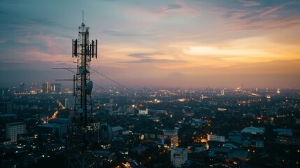 Fototapeta premium A communication tower rises against a vibrant cityscape at dusk, blending technology with the beauty of a colorful urban sunset.
