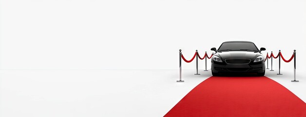 Elegant black limousine awaits on a red carpet with ropes against a crisp white backdrop, ideal for luxury events or award ceremonies