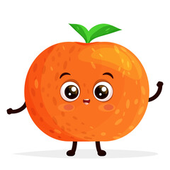 Cartoon character happy orange with green leafs standing and waving hand, excited smiling expression, saying hello, flat vector illustration isolated on white background.