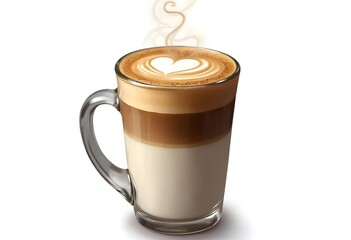 Steaming Cup of Latte with Heart-Shaped Latte Art in Glass Mug