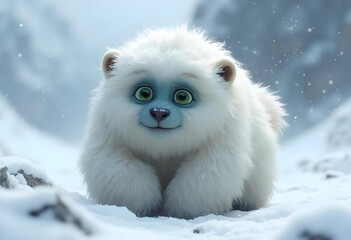 Cute Fluffy Animal with Big Green Eyes in a Snowy Landscape