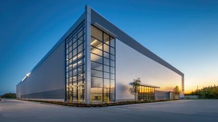 Obraz premium The exterior of a large, state-of-the-art warehouse facility, showcasing its extensive loading areas and modern architectural design.