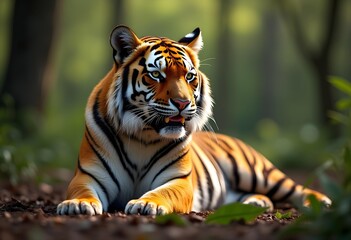 Naklejka premium Majestic Bengal Tiger Resting in a Lush Forest