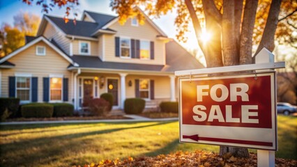 A "For Sale" sign is prominently displayed in the foreground, situated on a manicured lawn.