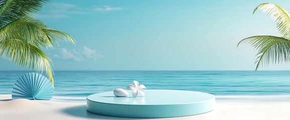 Tropical beach scene with blue platform and white flowers.