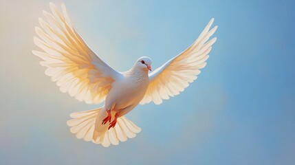 The Holy Spirit as a majestic dove, soaring upwards with wings fully extended, bathed in a divine glow against a clear blue sky