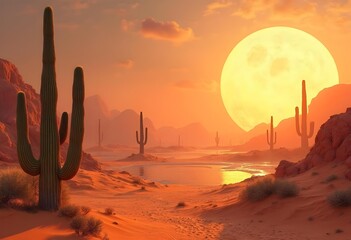 Serene Desert Sunset with Saguaro Cacti and Reflections