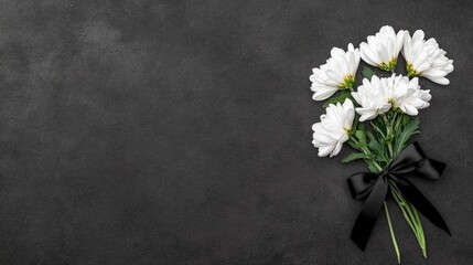 A poignant tribute with white chrysanthemums and black ribbon on dark textured surface for heartfelt messages and remembrances