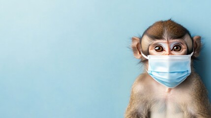A curious monkey peeks out from beneath a medical mask against a minimalist background, showcasing whimsical charm and innocence