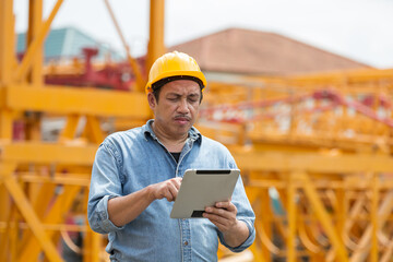 Asian male construction working at construction site. Male engineer working with digital tablet....
