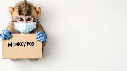 A monkey in a medical mask and gloves holds a sign reading MONKEYPOX, emphasizing awareness with a playful twist
