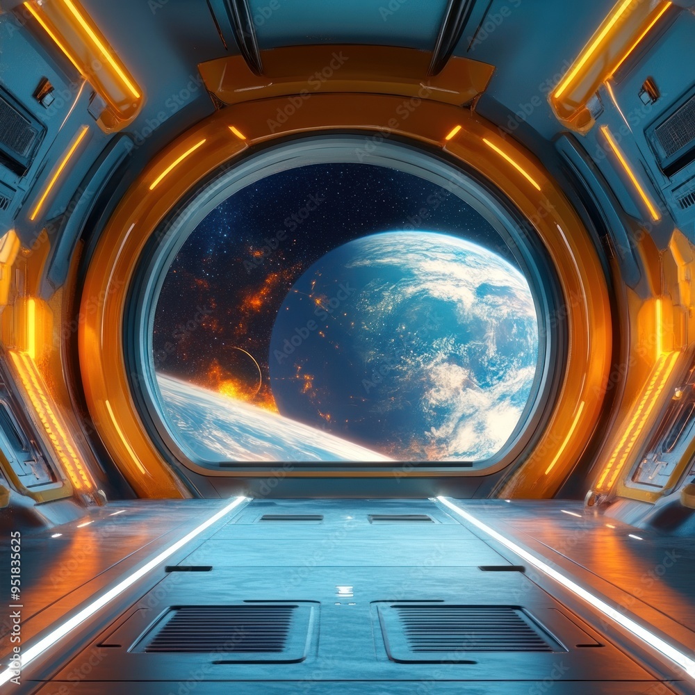 Poster spaceship window view of earth and a planet