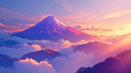 Fototapeta premium 早朝の雲海に浮かぶ富士山 Generative AI