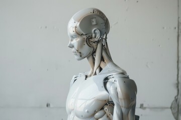 White humanoid robot is standing in profile, showing its exposed muscles and wiring