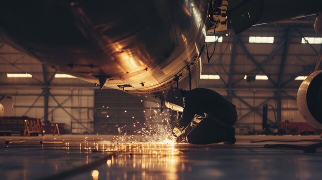 A dedicated worker welds under an airplane in a spacious hangar, with sparks flying, capturing industriousness and precision.