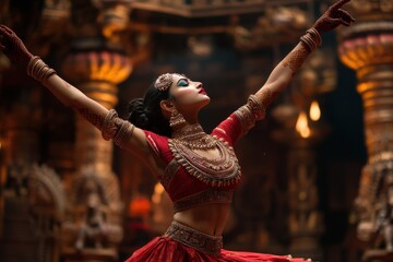 A dancer in elaborate traditional attire and jewelry, performing an Indian classical dance against an ornate temple backdrop, showcasing cultural heritage and grace.