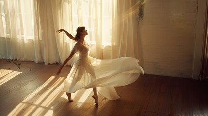 Fototapeta premium A graceful ballerina dances in a sunlit room, her white dress flowing elegantly, capturing a moment of beauty and artistic expression.