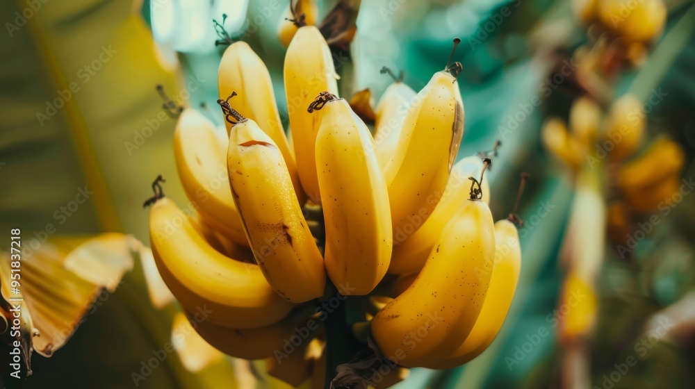 Wall mural a bunch of ripe yellow bananas hanging on a tree, symbolizing tropical abundance and natural produce