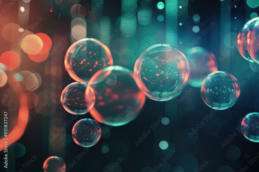 Poster many transparent soap bubbles are floating in the air with red and blue lights in the background